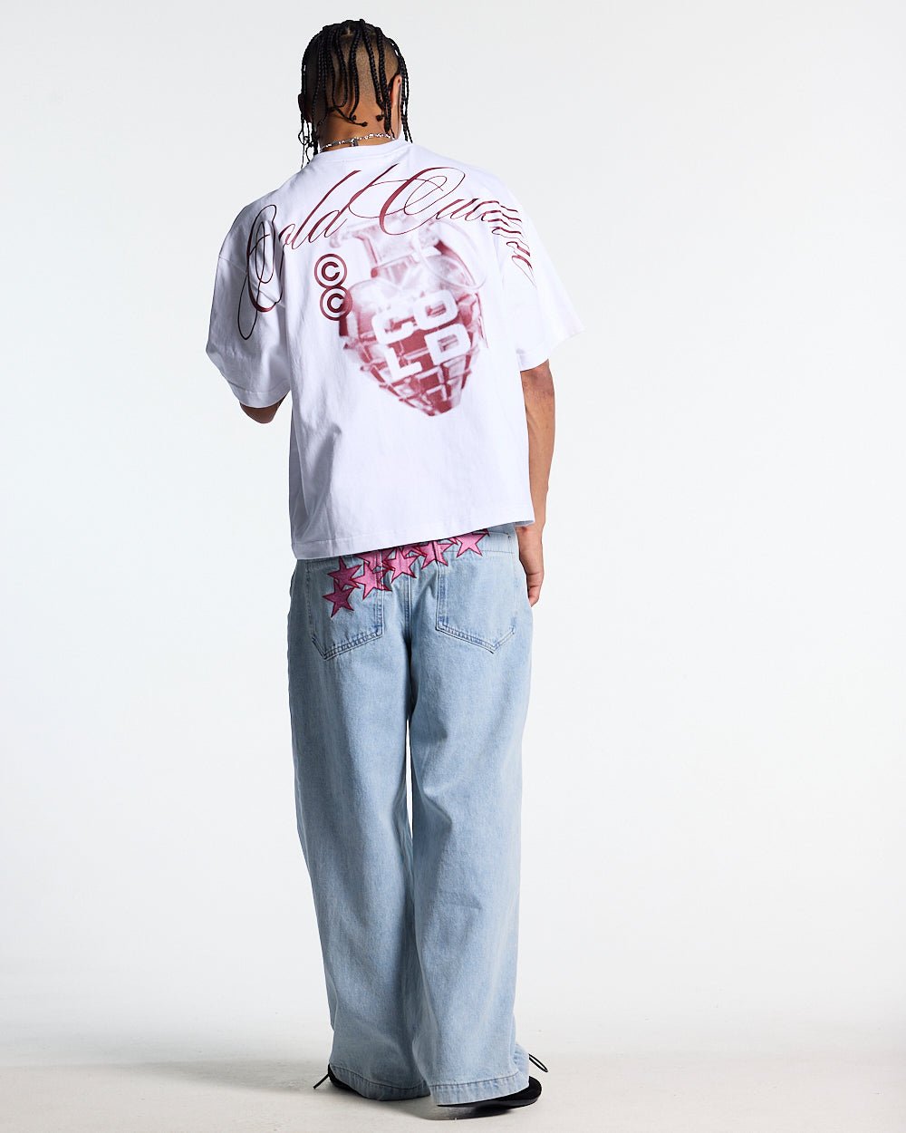COLD HEARTS TEE WHITE - white graphic print tee, back view on male model - Cold Culture