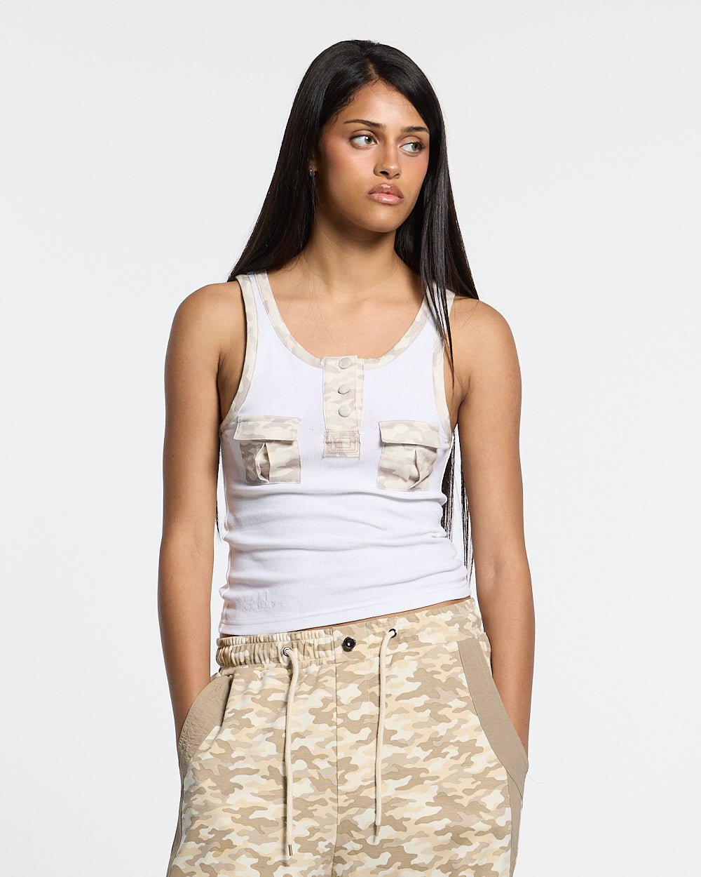 CORE TANK TOP WHITE - white ribbed tank top, front view on female model - Cold Culture