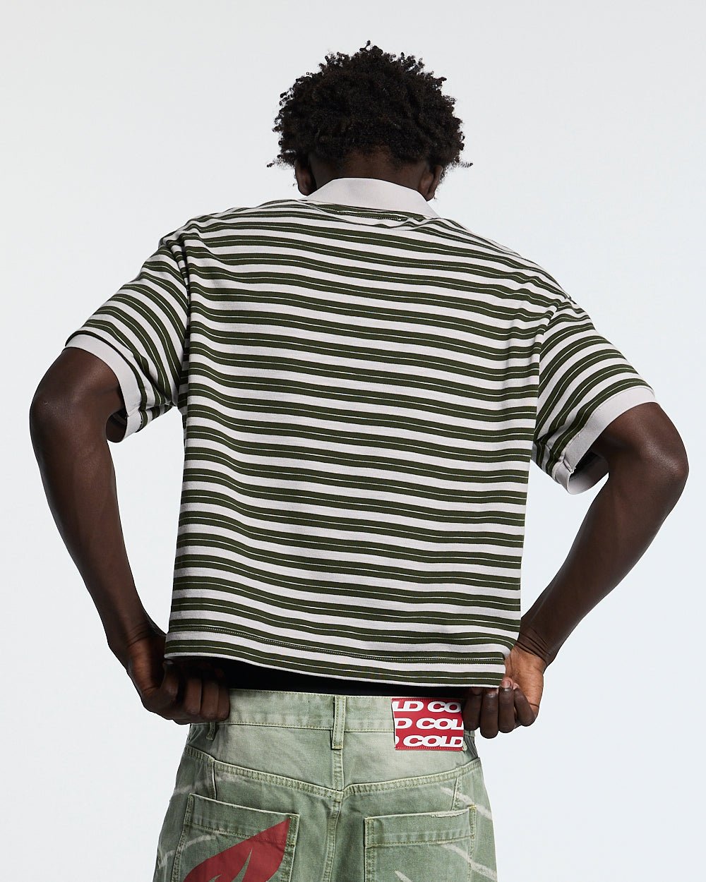 COURT FIELD KNIT POLO GREEN - green striped knit polo, back view on male model - Cold Culture
