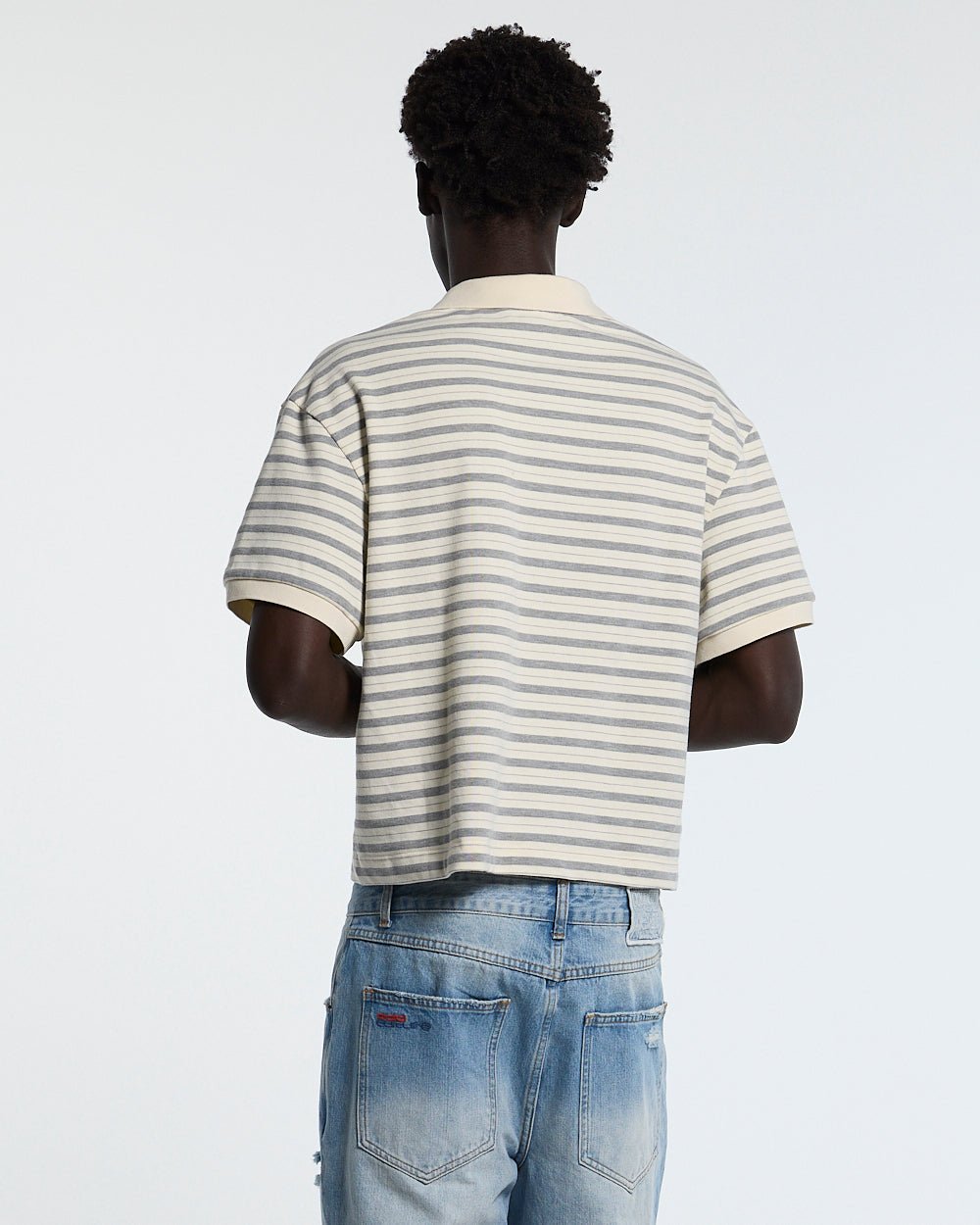 COURT FIELD KNIT POLO GREY - grey striped knit polo, back view on male model - Cold Culture