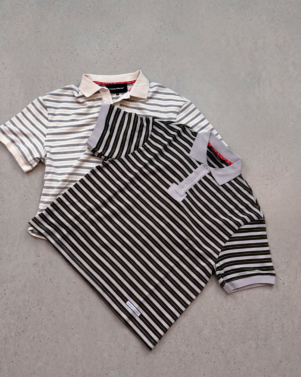 COURT FIELD KNIT POLO GREY - grey striped knit polo, flat lay with matching pieces - Cold Culture