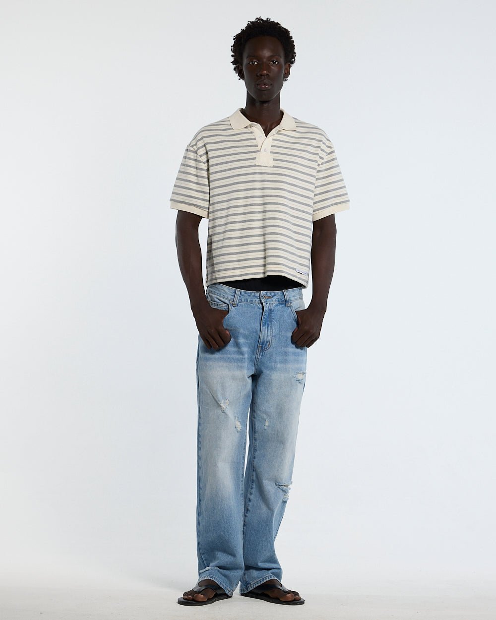 COURT FIELD KNIT POLO GREY - grey striped knit polo, front view on male model - Cold Culture