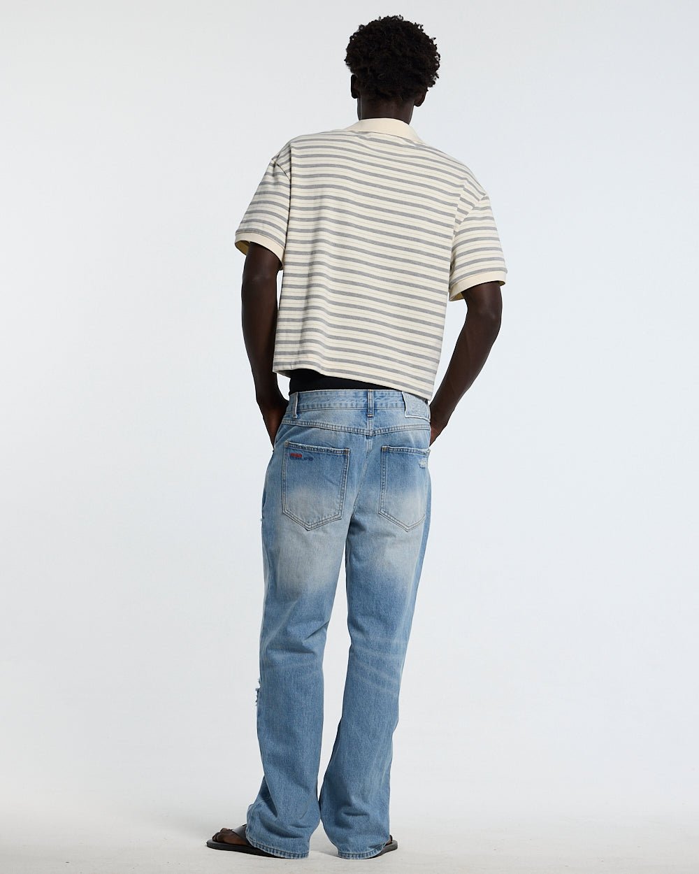 COURT FIELD KNIT POLO GREY - grey striped knit polo, back view on male model - Cold Culture