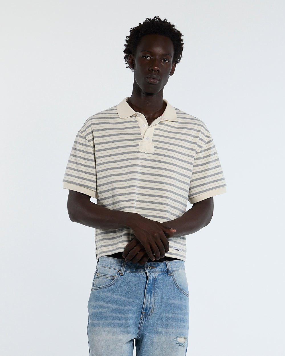 COURT FIELD KNIT POLO GREY - grey striped knit polo, front view on male model - Cold Culture