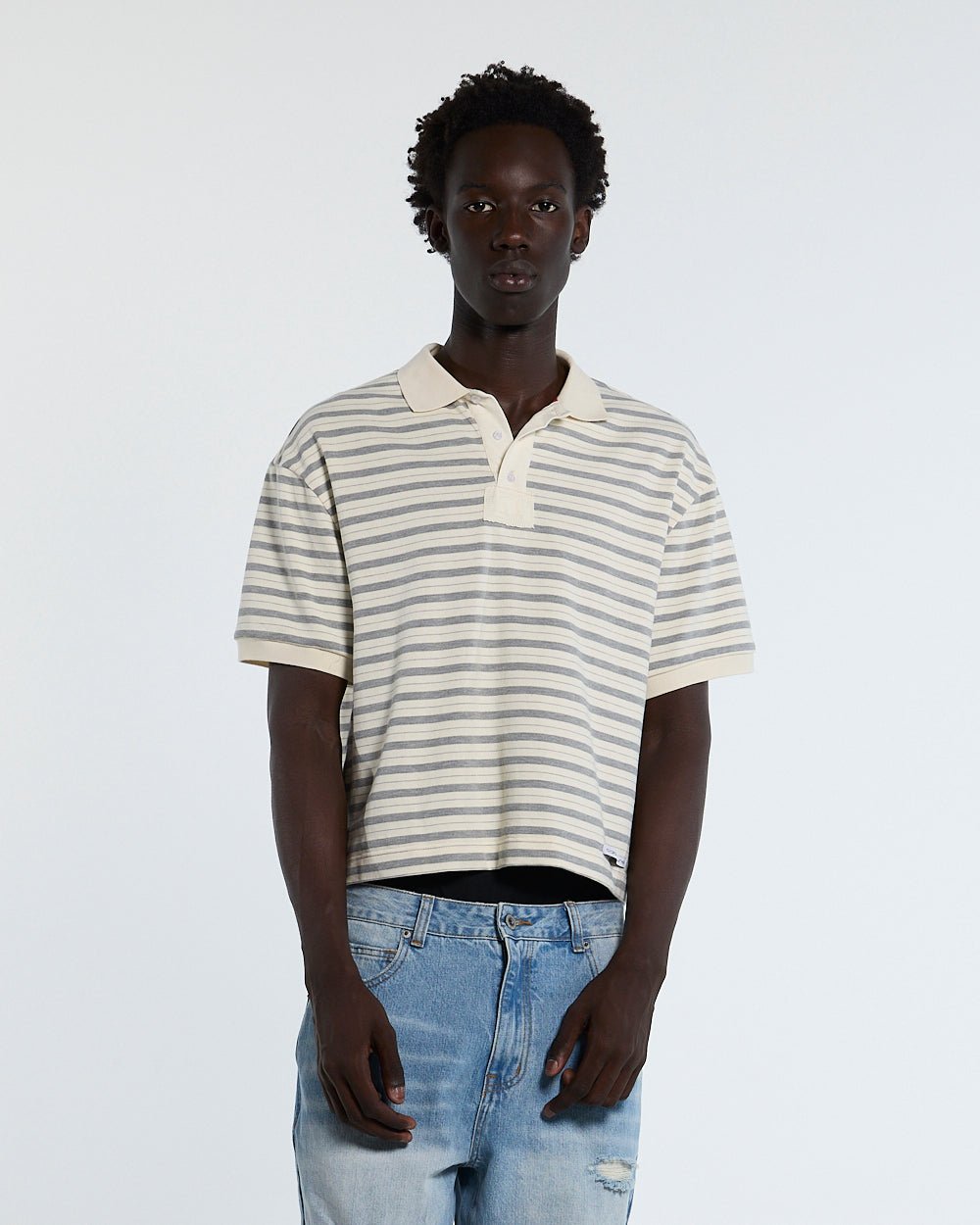 COURT FIELD KNIT POLO GREY - grey striped knit polo, front view on male model - Cold Culture
