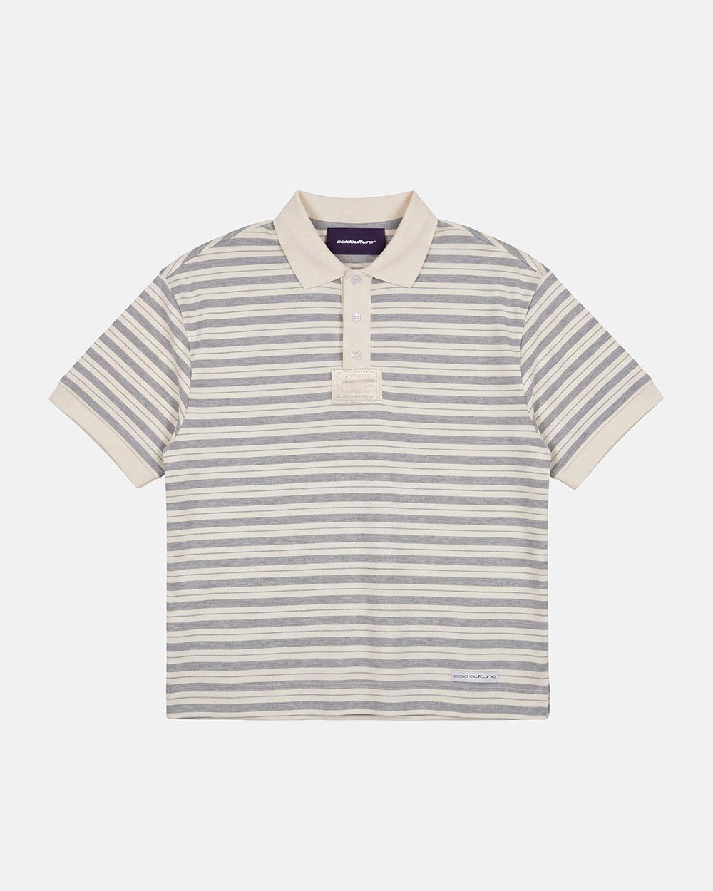COURT FIELD KNIT POLO GREY - grey striped knit polo, front view - Cold Culture