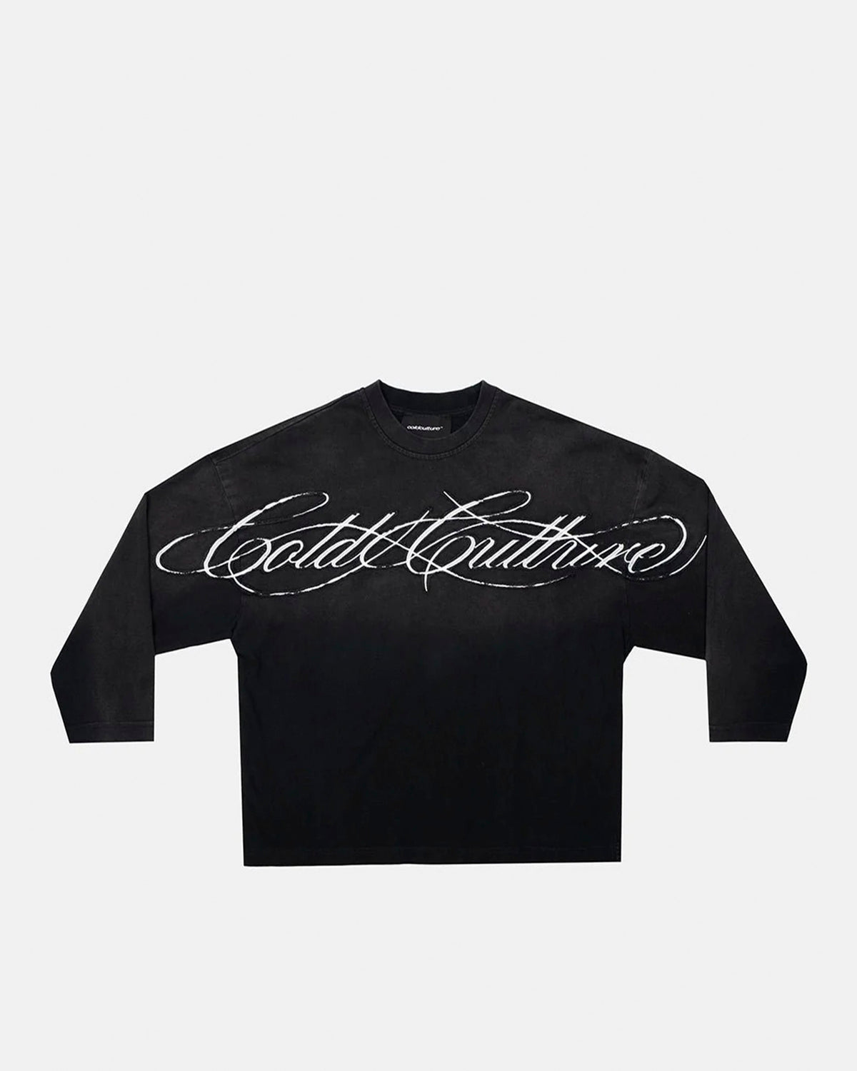 CROSSED SCRIPT LONGSLEEVE 2.0 BLACK - black script print longsleeve tee, front view - Cold Culture #packshot