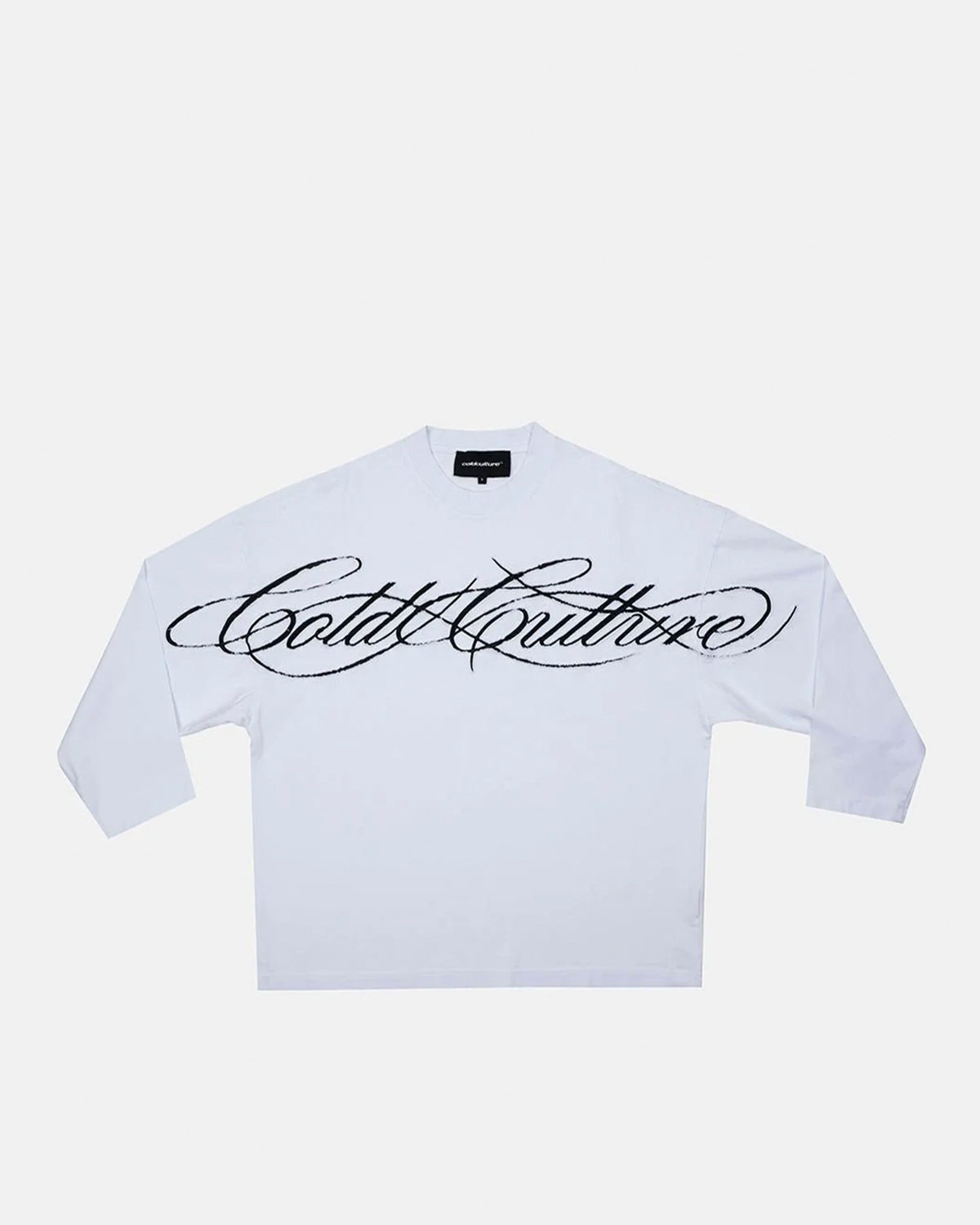 CROSSED SCRIPT LONGSLEEVE 2.0 WHITE - white script print longsleeve tee, front view - Cold Culture #packshot