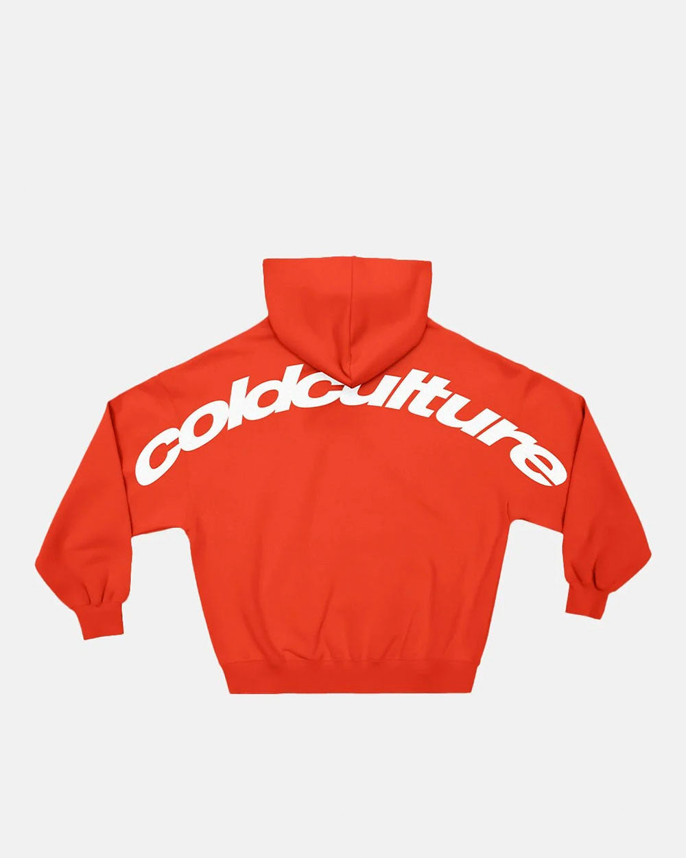 CURVED HOODIE VIBRANT RED - red logo print hoodie, back view - Cold Culture #packshot