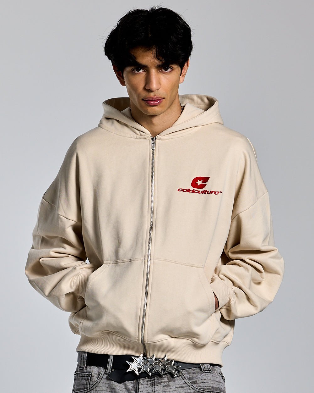 CURVED ZIP HOODIE CREAM - COLD CULTURE #man