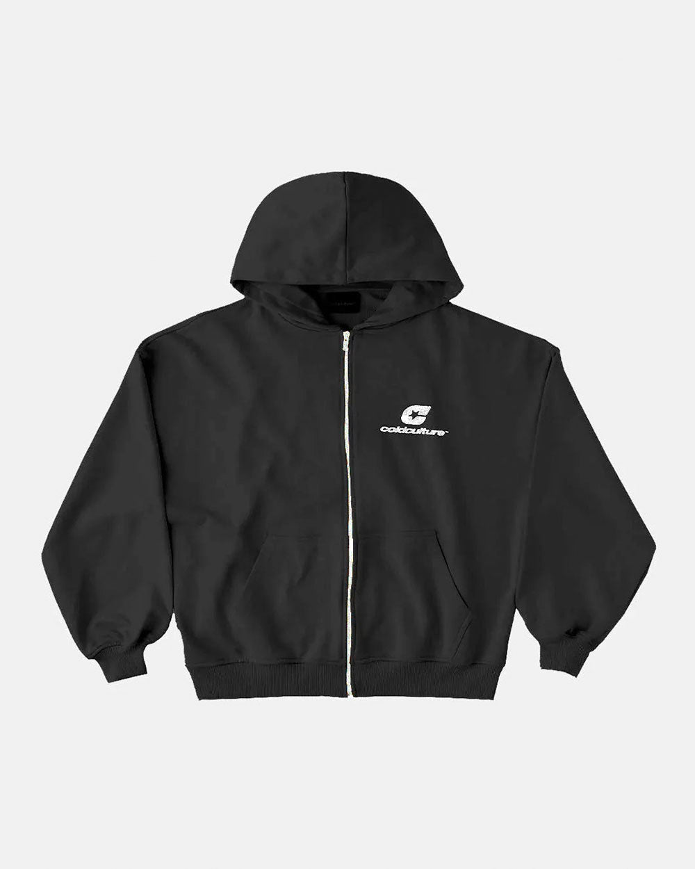 CURVED ZIP HOODIE INDIA INK - black logo print zip hoodie, front view - Cold Culture #packshot