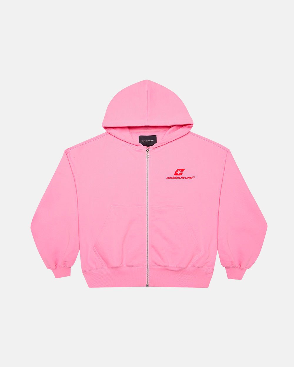 CURVED ZIP HOODIE PINK & RED - pink zip-up hoodie, front view - Cold Culture #packshot
