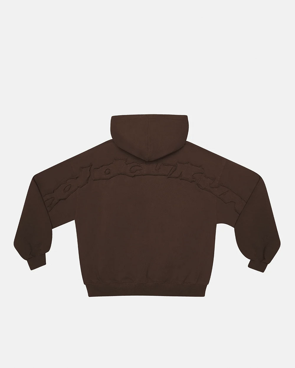 DISTRESS CURVED HOODIE BROWN - brown distressed hoodie, back view - Cold Culture #packshot