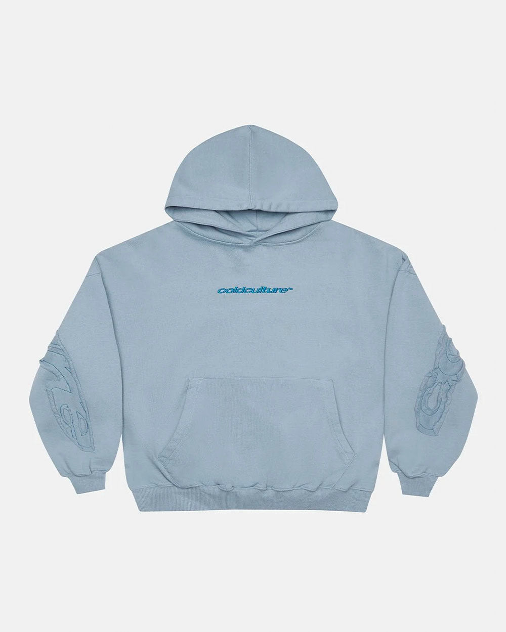DISTRESS CURVED HOODIE SHADY BLUE - light blue distressed hoodie, front view - Cold Culture #packshot