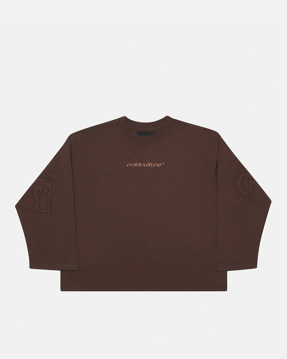 DISTRESS CURVED LONGSLEEVE BROWN - brown distressed longsleeve tee, front view - Cold Culture #packshot