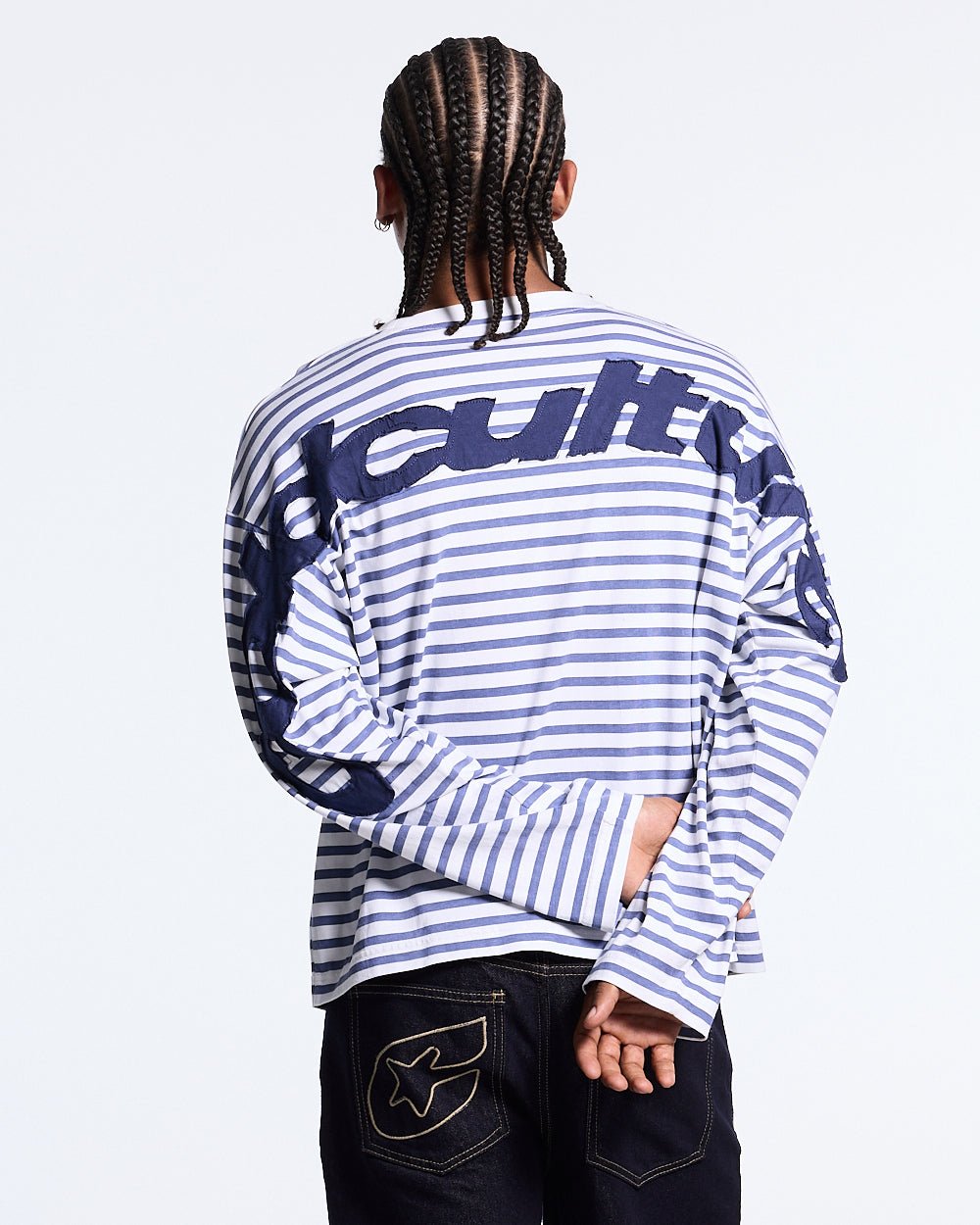 DISTRESS CURVED LONGSLEEVE NAVY STRIPES - Cold Culture