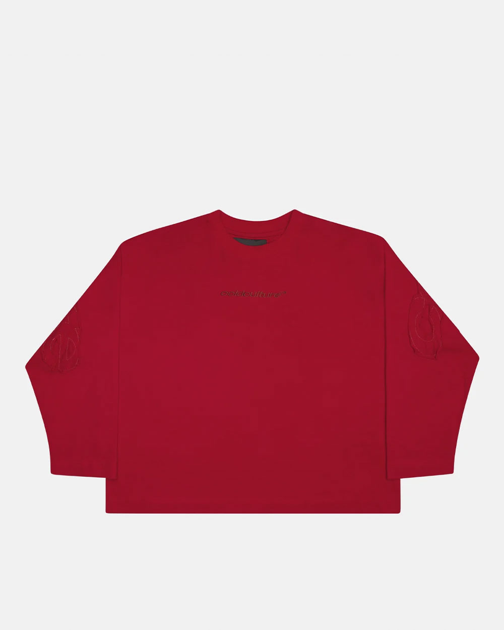 DISTRESS CURVED LONGSLEEVE RED - red distressed longsleeve tee, front view - Cold Culture #packshot