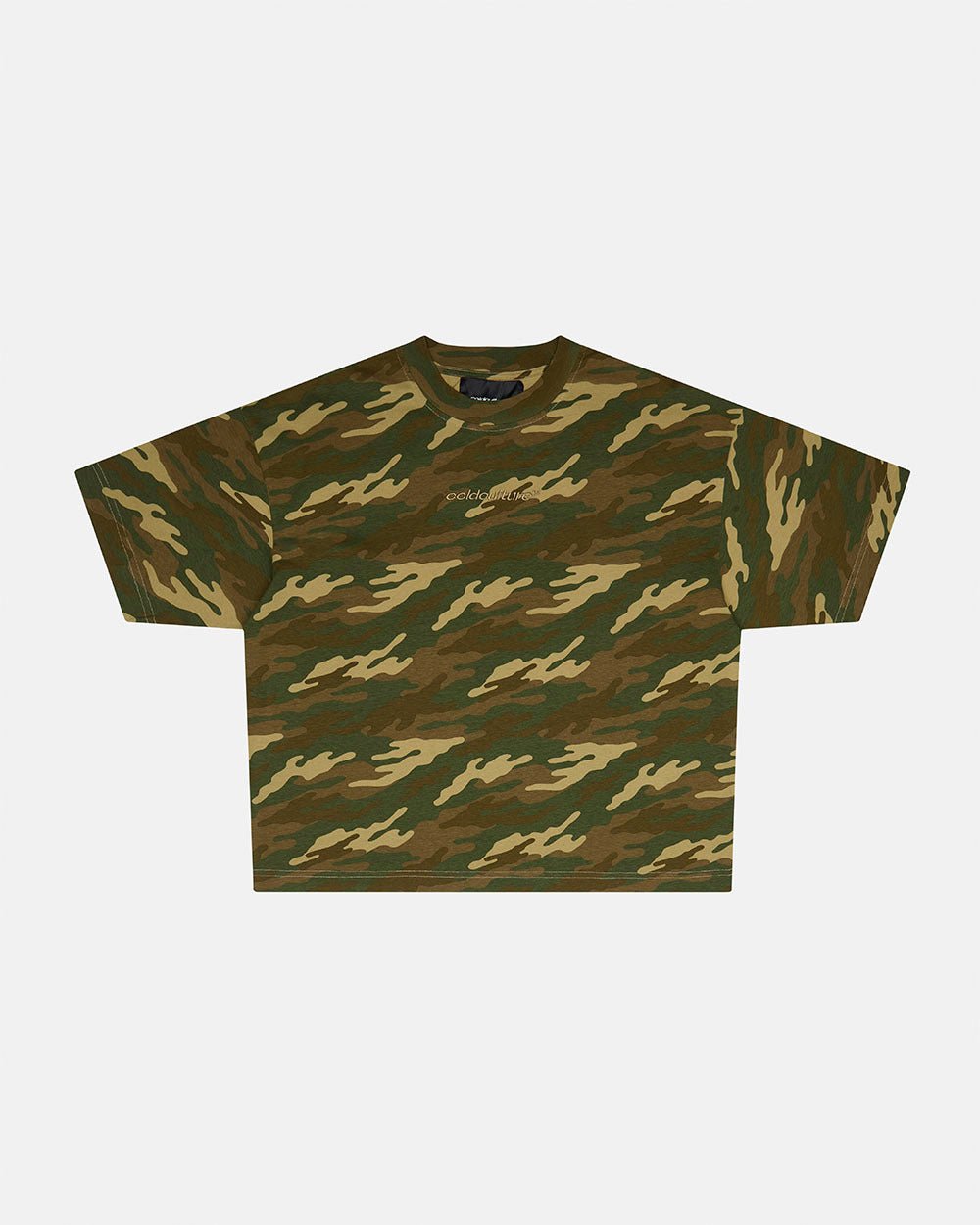 DISTRESS CURVED TEE CAMO - camo oversized tee, front view - Cold Culture