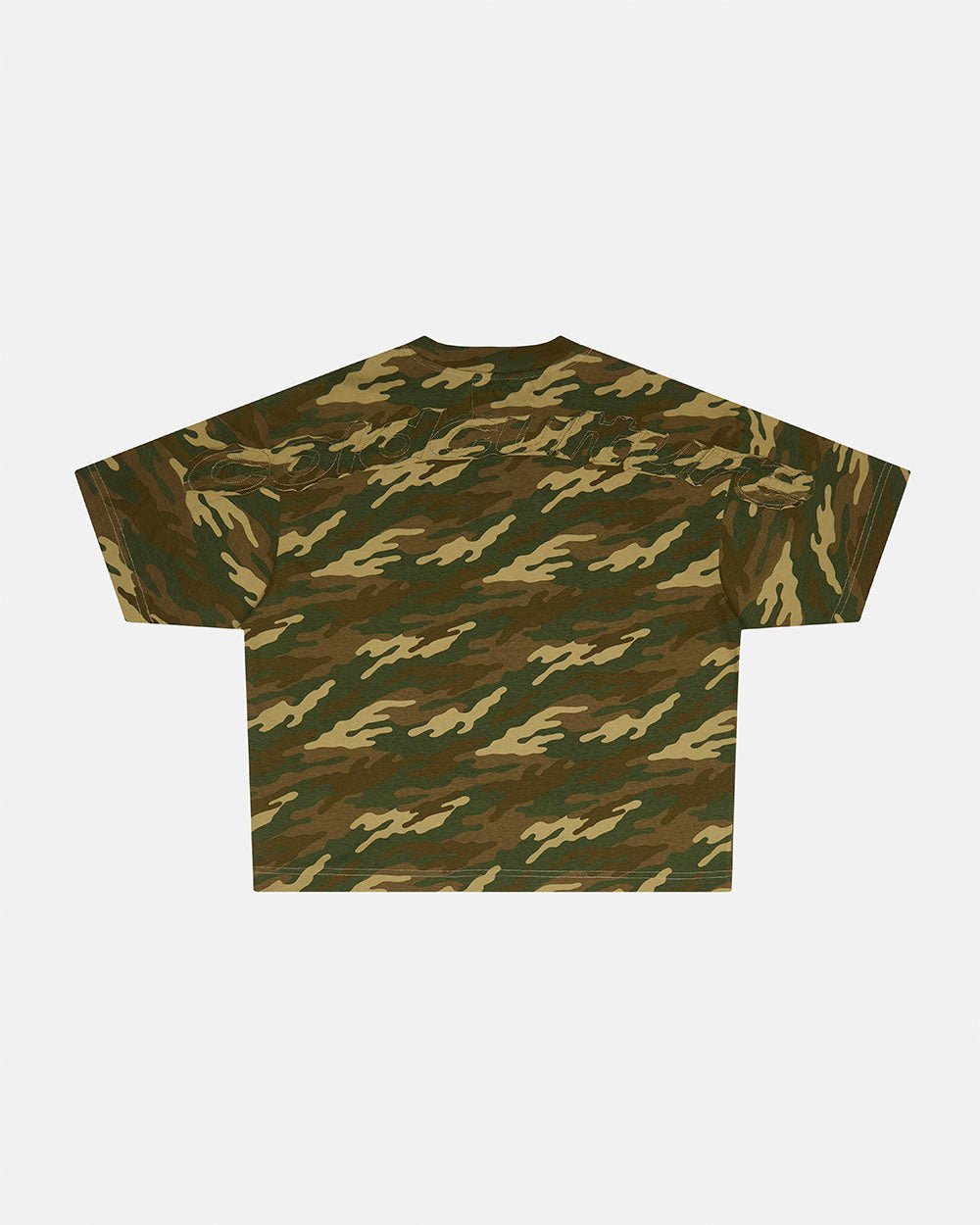 DISTRESS CURVED TEE CAMO - camo oversized tee, back view - Cold Culture