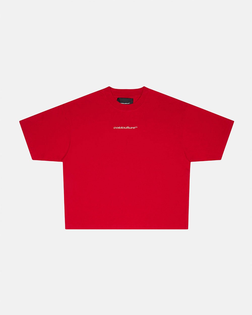 DISTRESS CURVED TEE RED - red distressed tee, front view - Cold Culture