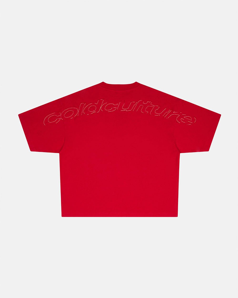 DISTRESS CURVED TEE RED - red distressed tee, back view - Cold Culture