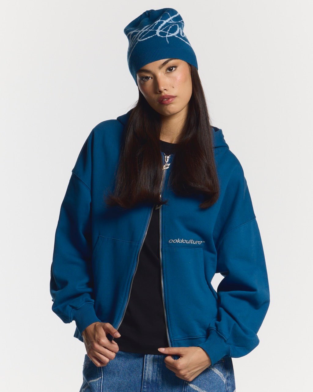 DISTRESS CURVED ZIP HOODIE DARK BLUE - COLD CULTURE