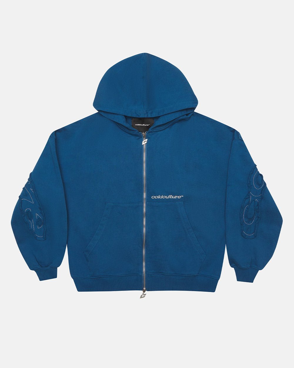 DISTRESS CURVED ZIP HOODIE DARK BLUE - COLD CULTURE