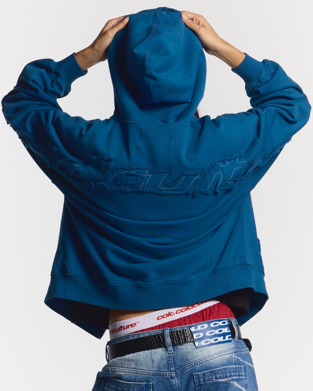 DISTRESS CURVED ZIP HOODIE DARK BLUE - COLD CULTURE