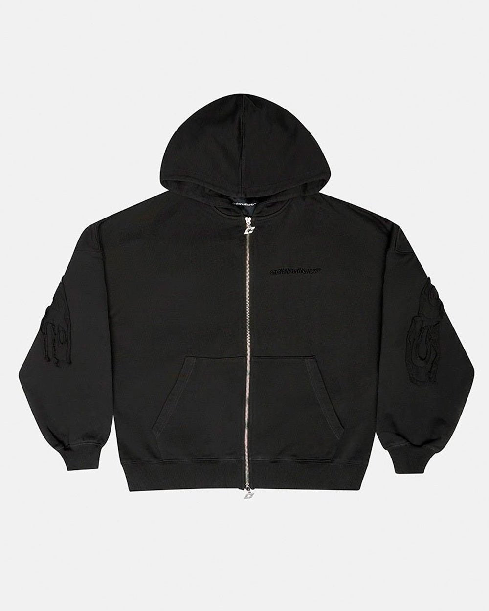 DISTRESS CURVED ZIP HOODIE DARK GREY - Cold Culture