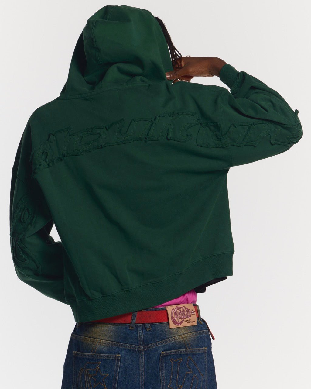DISTRESS CURVED ZIP HOODIE GREEN - COLD CULTURE
