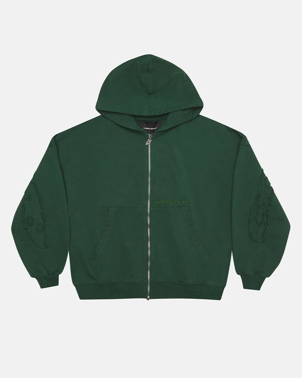 DISTRESS CURVED ZIP HOODIE GREEN - COLD CULTURE