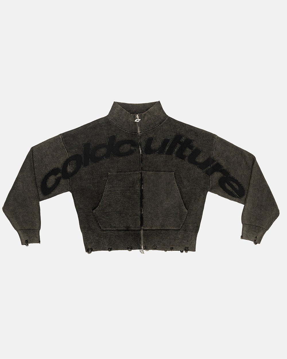 DISTRESS CURVED ZIP KNIT BLACK - Cold Culture