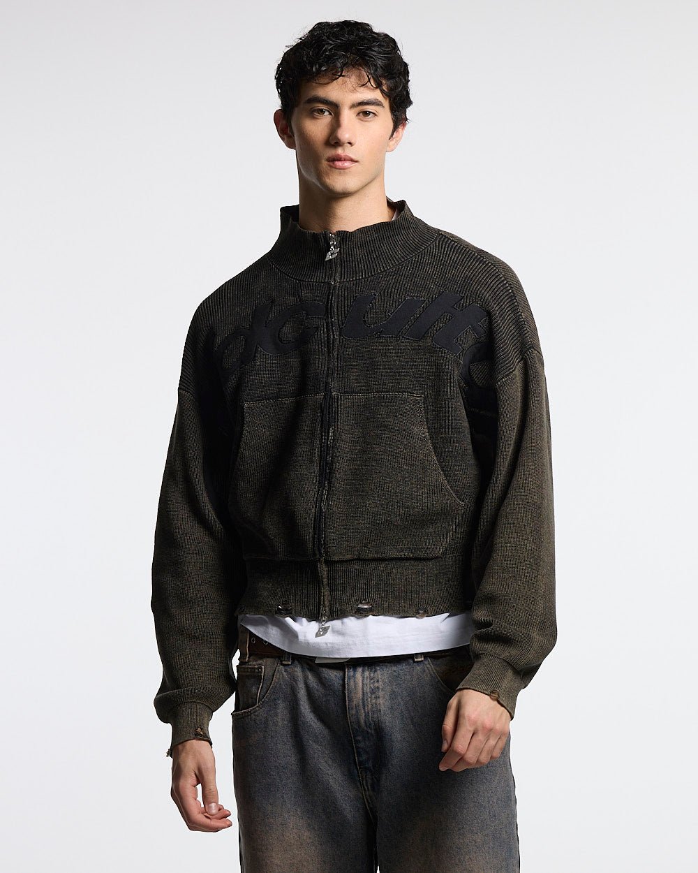 DISTRESS CURVED ZIP KNIT BLACK - Cold Culture #man