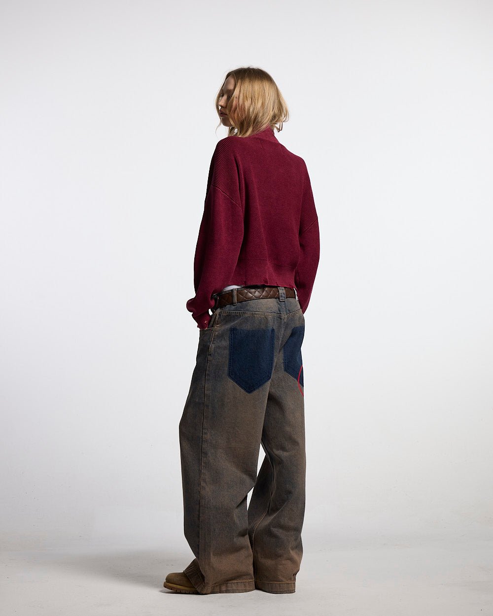 DISTRESS CURVED ZIP KNIT BURGUNDY - Cold Culture #woman