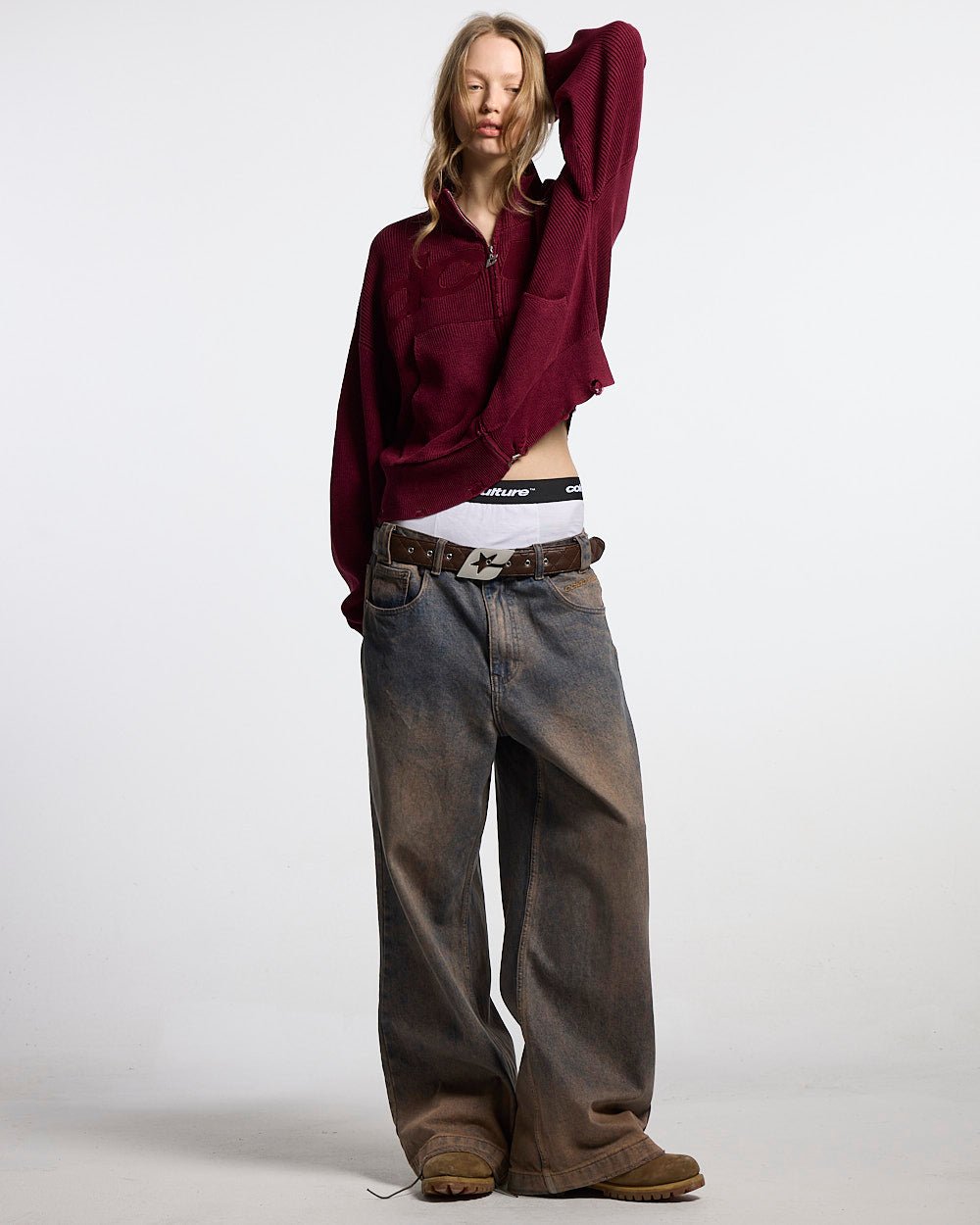 DISTRESS CURVED ZIP KNIT BURGUNDY - Cold Culture #woman