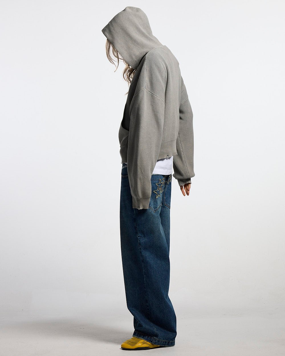 DISTRESS CURVED ZIP KNIT HOODIE GREY - Cold Culture