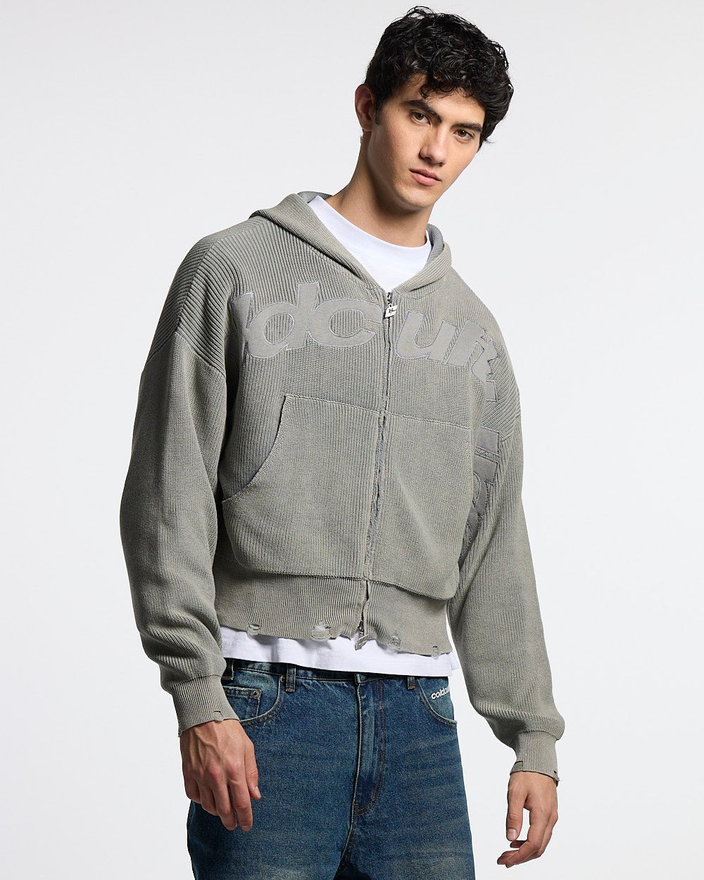 DISTRESS CURVED ZIP KNIT HOODIE GREY - Cold Culture #man