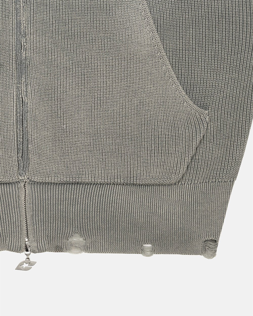 DISTRESS CURVED ZIP KNIT HOODIE GREY - Cold Culture