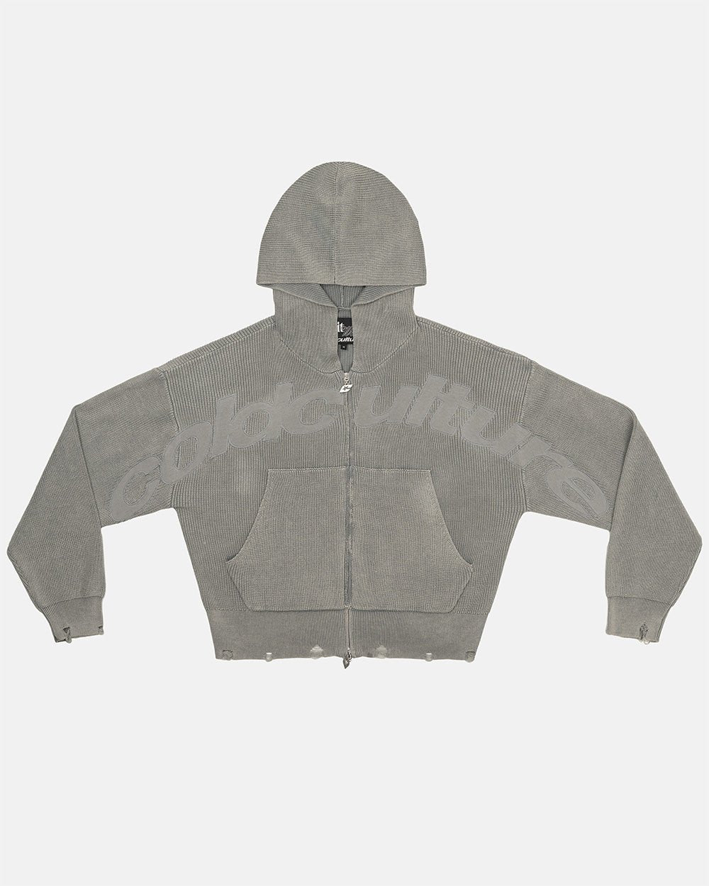 DISTRESS CURVED ZIP KNIT HOODIE GREY - Cold Culture