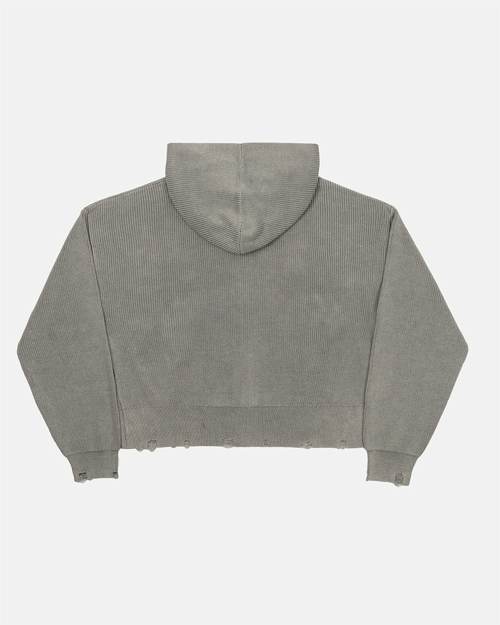 DISTRESS CURVED ZIP KNIT HOODIE GREY - Cold Culture