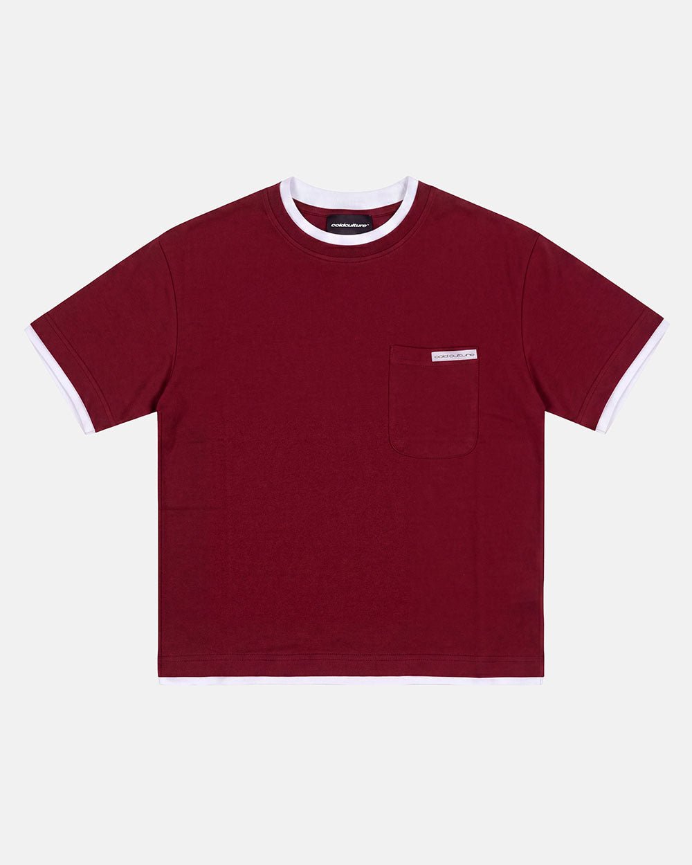 DOUBLE TEE BURGUNDY - burgundy pocket tee, front view - Cold Culture