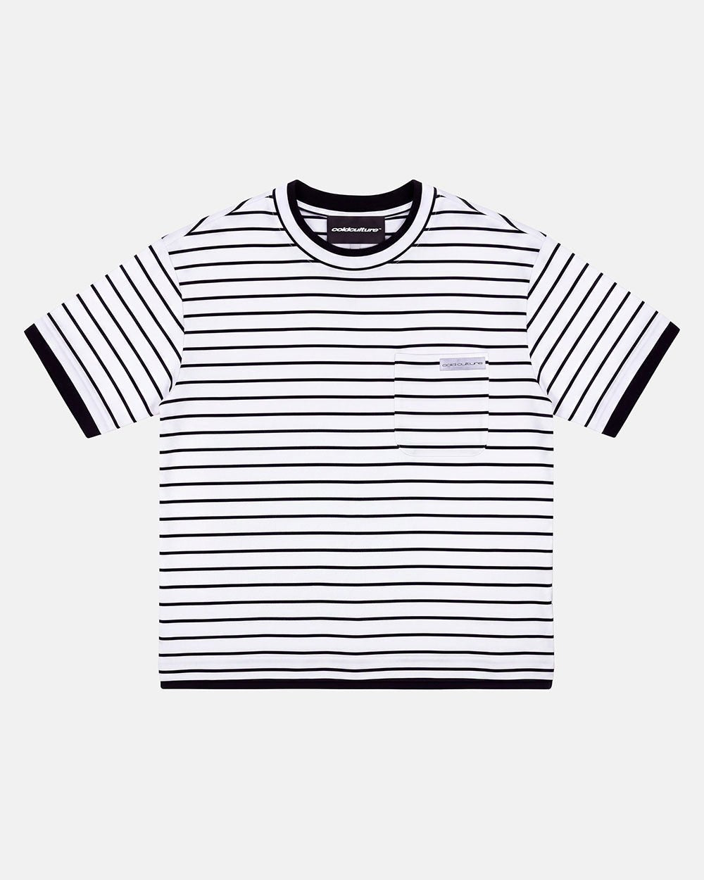 DOUBLE TEE WHITE - white striped pocket tee, front view - Cold Culture