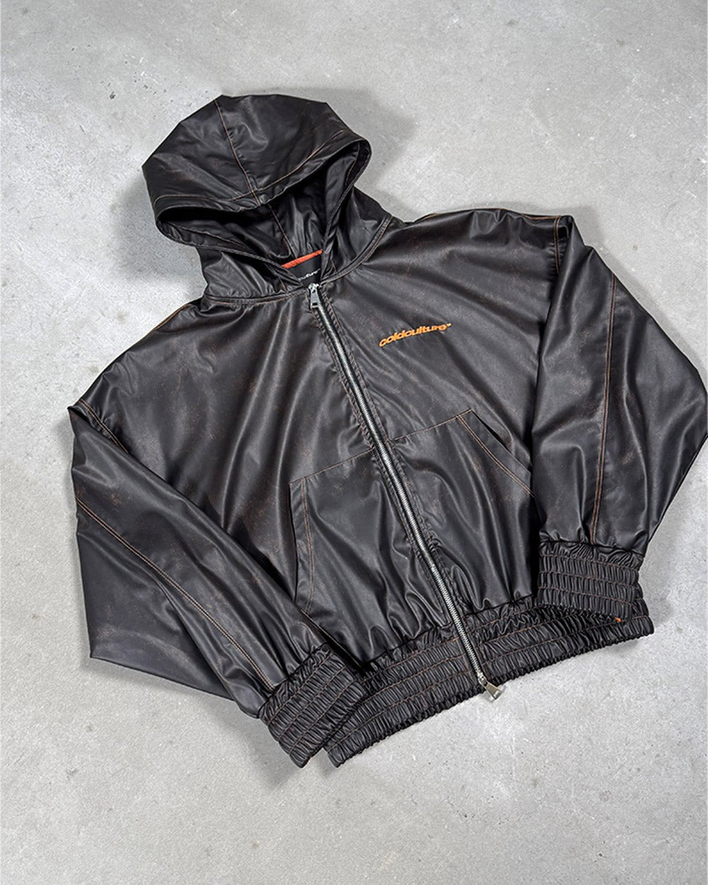 FAUX LEATHER ZIP HOODIE BROWN - Cold Culture