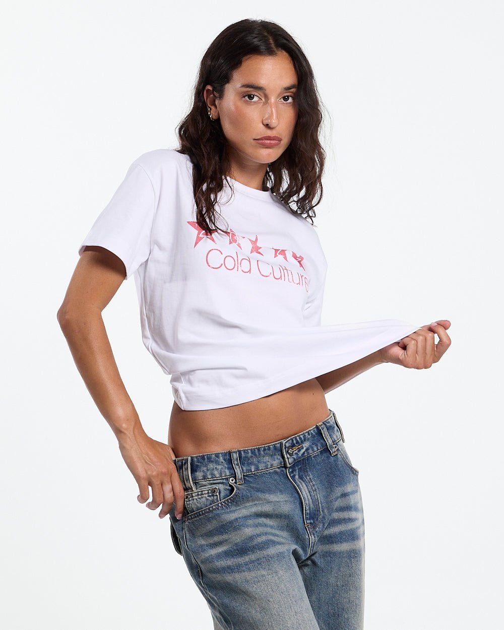 FIVE STARS TEE WHITE - white graphic print tee, front view on female model - Cold Culture