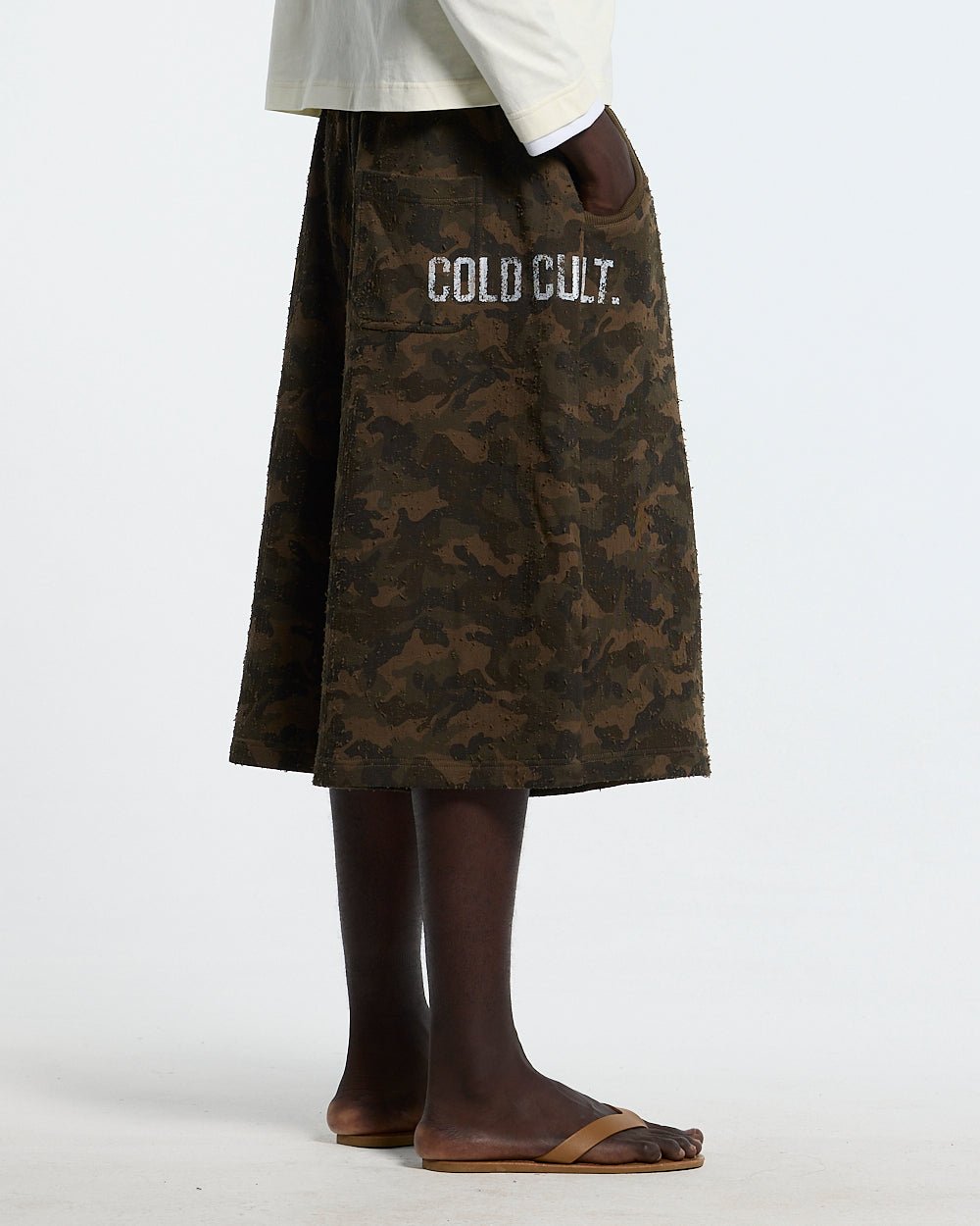 FRONT LINE JORTS GREEN - green camo shorts, side view - Cold Culture