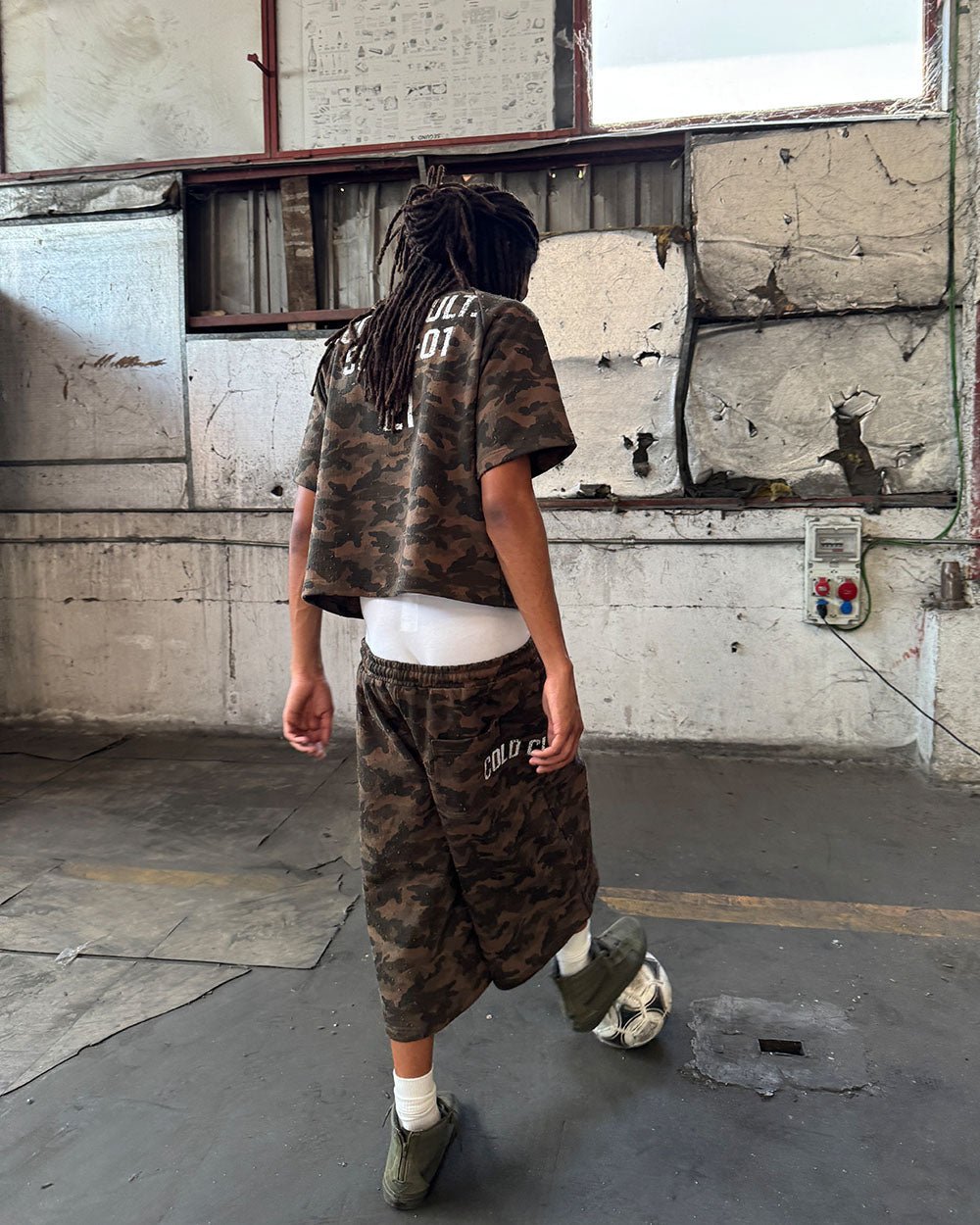 FRONT LINE JORTS GREEN - green camo shorts, street style shot - Cold Culture