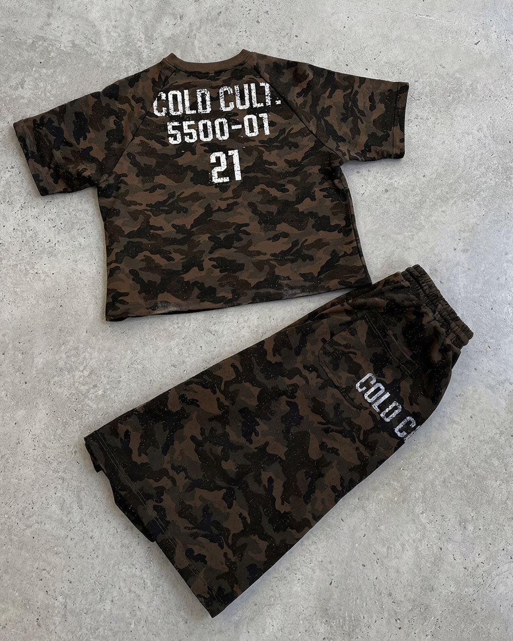 FRONT LINE JORTS GREEN - green camo shorts, flat lay with matching pieces - Cold Culture