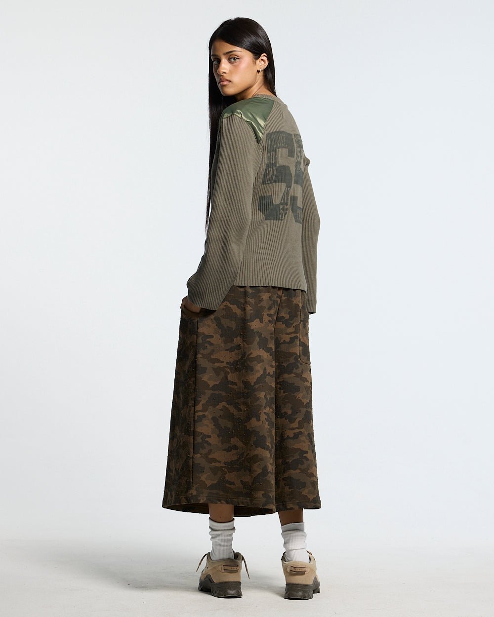 FRONT LINE JORTS GREEN - green camo shorts, back view on female model - Cold Culture