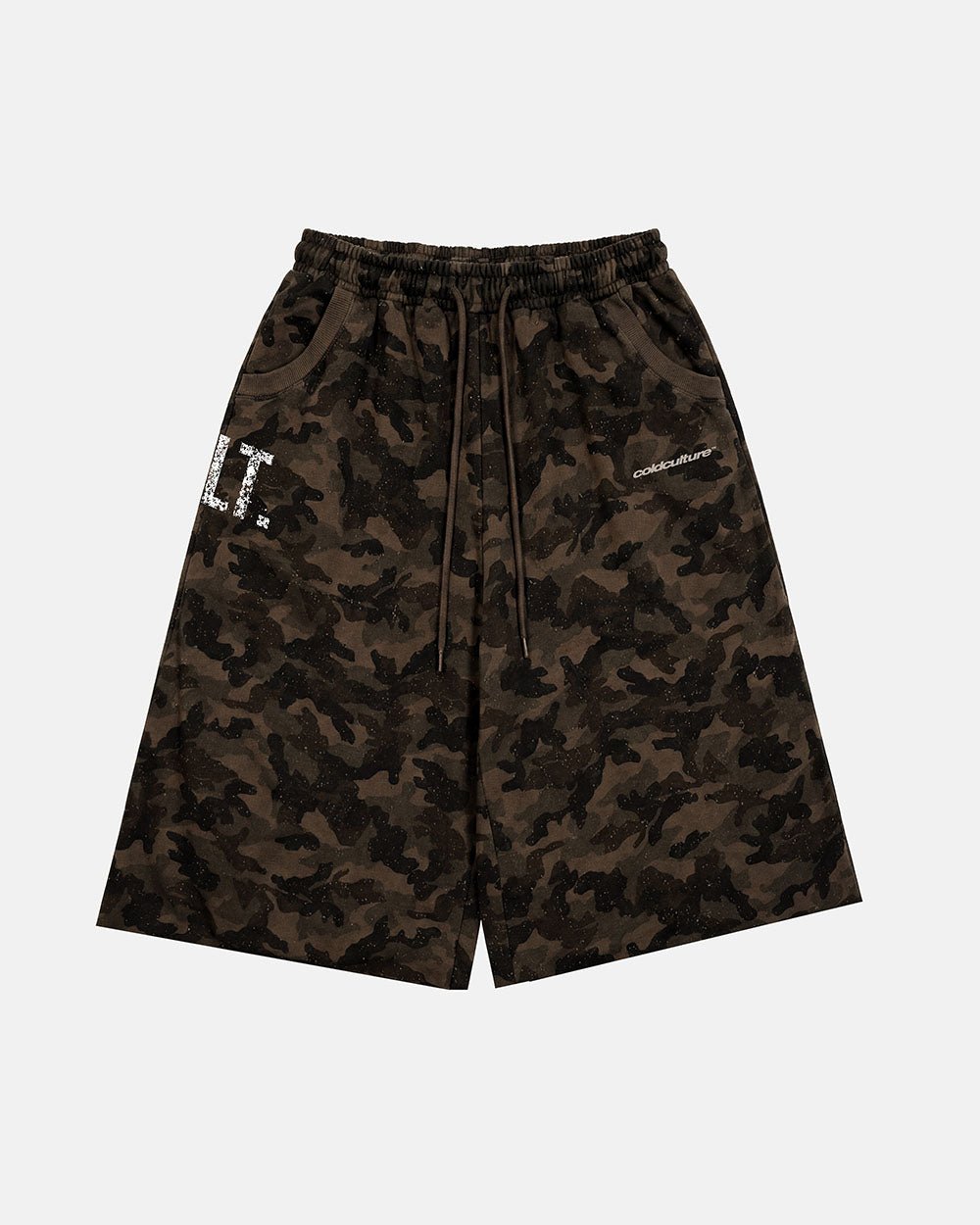 FRONT LINE JORTS GREEN - green camo shorts, front view - Cold Culture