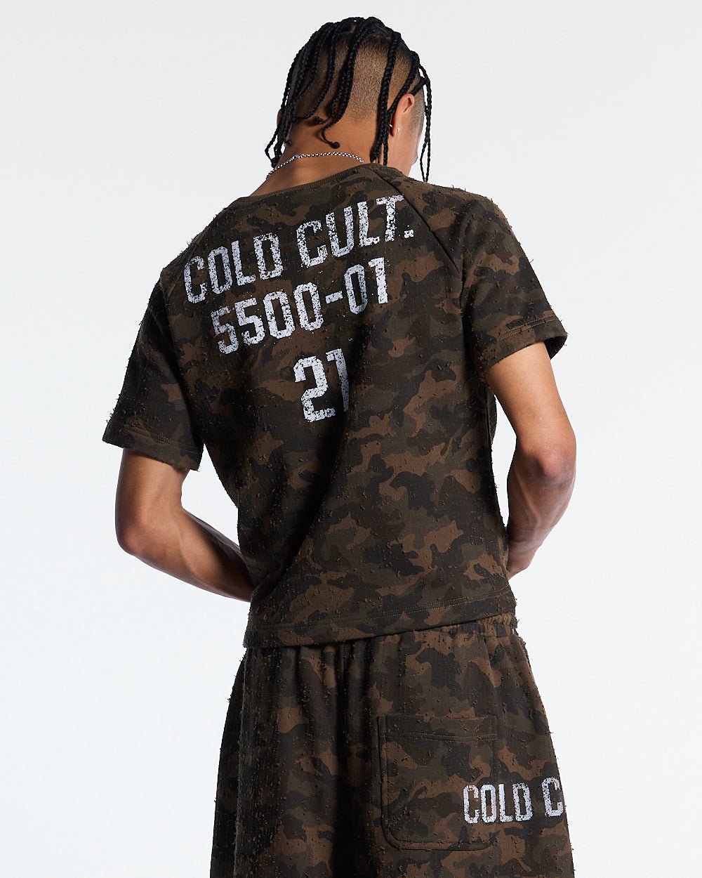 FRONT LINE TEE GREEN - olive camo tee, back view on male model - Cold Culture